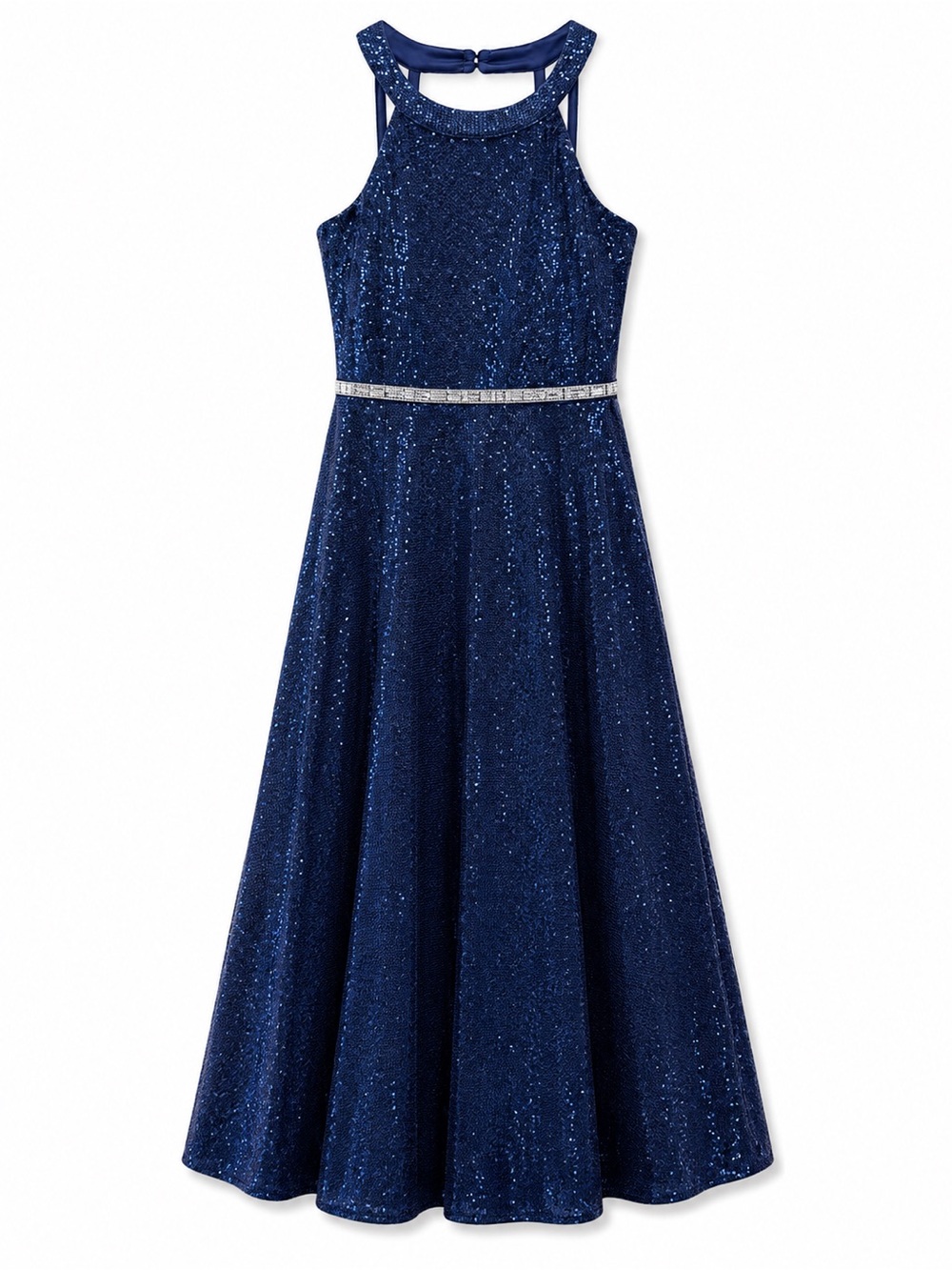 Rare Editions Navy Sequin Halter Gown with Rhinestone Belt